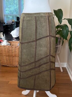 Staple Olive Suede Patchwork Midi Skirt with Brown Stitching